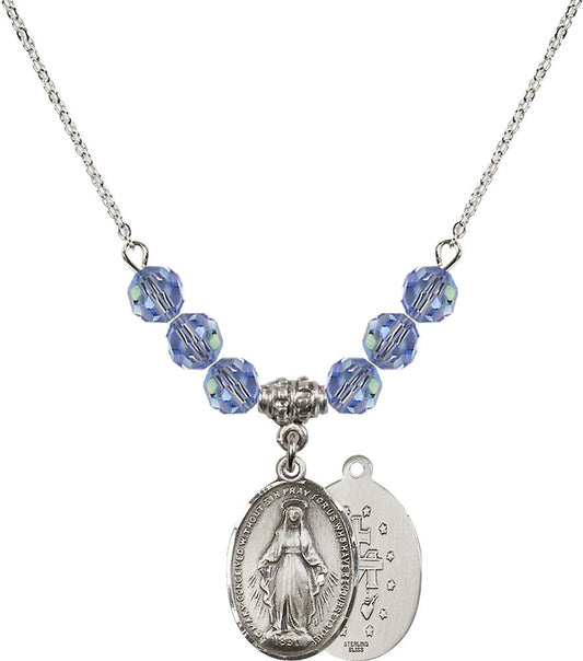 Sterling Silver Miraculous Birthstone Necklace with Light Sapphire Beads - 0015