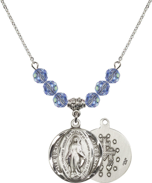 Sterling Silver Miraculous Birthstone Necklace with Light Sapphire Beads - 0017