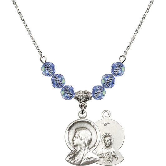 Sterling Silver Madonna Birthstone Necklace with Light Sapphire Beads - 0020