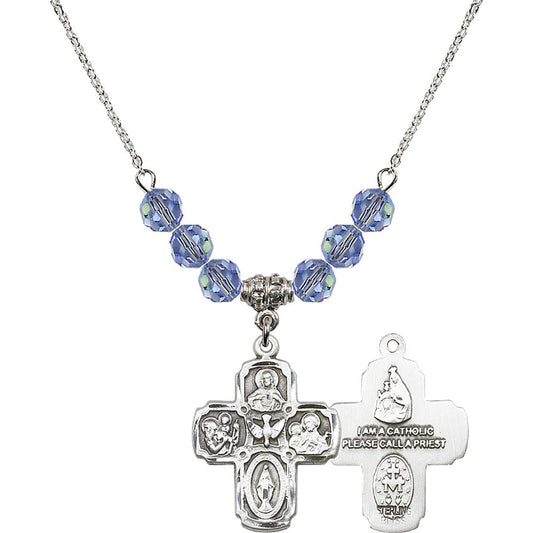 Sterling Silver 5-Way Birthstone Necklace with Light Sapphire Beads - 0041