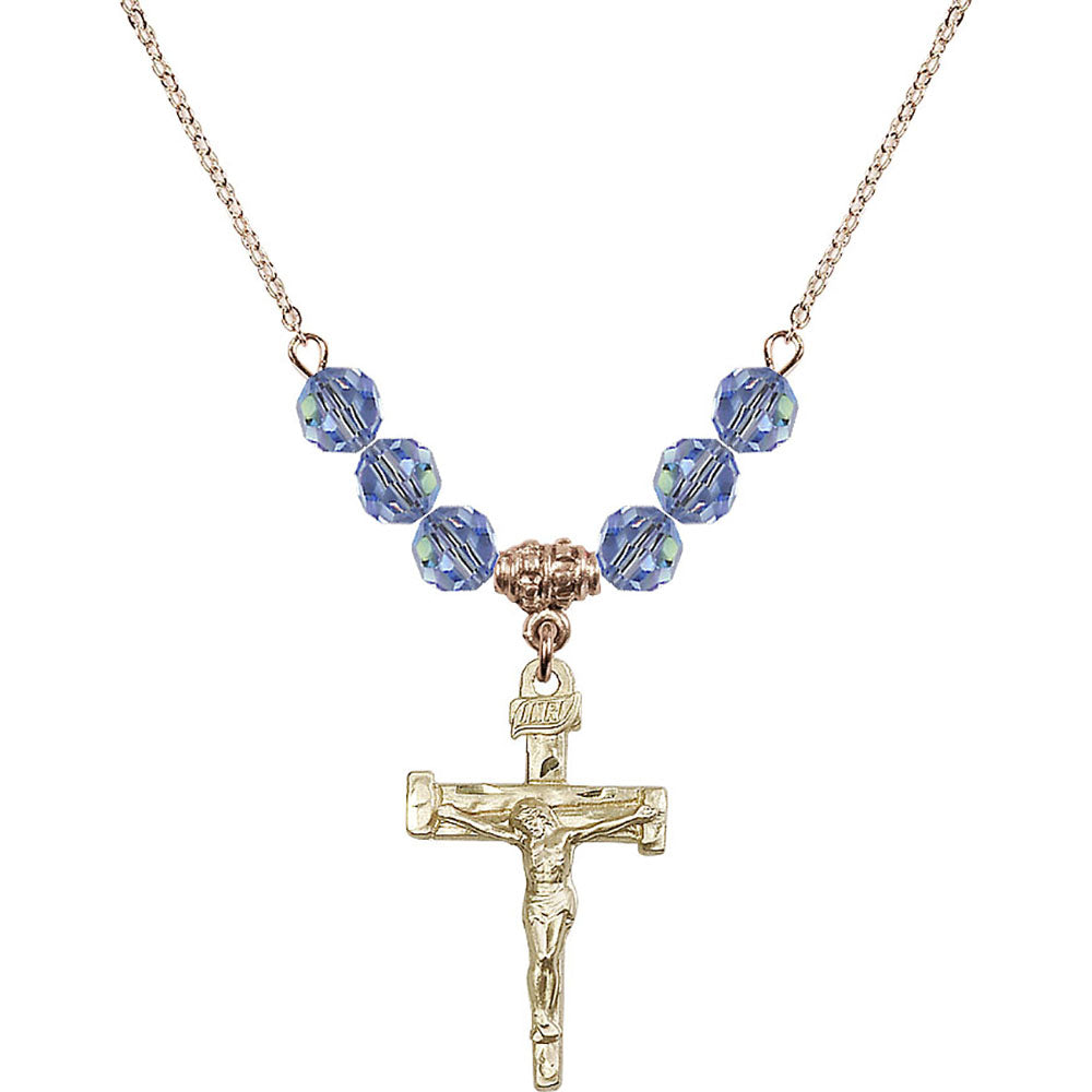 14kt Gold Filled Nail Crucifix Birthstone Necklace with Light Sapphire Beads - 0073