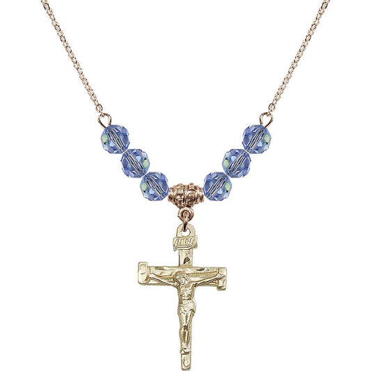 14kt Gold Filled Nail Crucifix Birthstone Necklace with Light Sapphire Beads - 0073