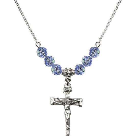 Sterling Silver Nail Crucifix Birthstone Necklace with Light Sapphire Beads - 0073