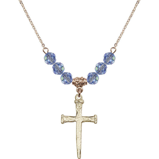 14kt Gold Filled Nail Cross Birthstone Necklace with Light Sapphire Beads - 0085
