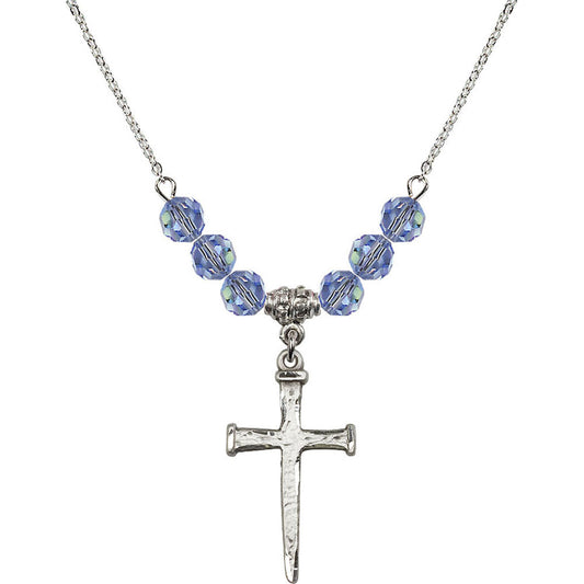 Sterling Silver Nail Cross Birthstone Necklace with Light Sapphire Beads - 0085