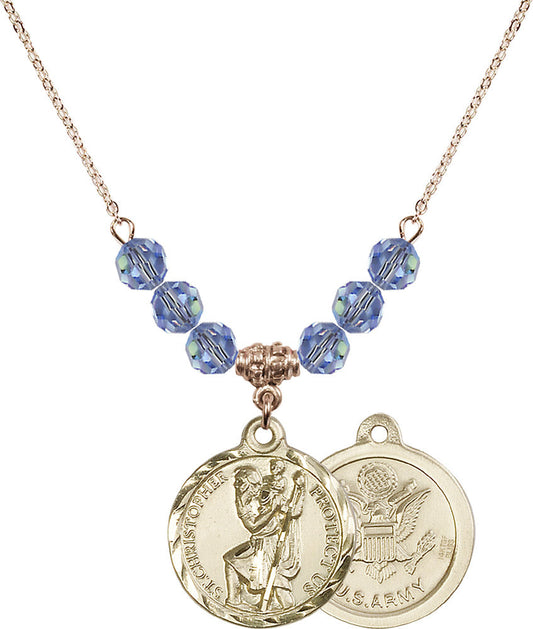14kt Gold Filled Saint Christopher / Army Birthstone Necklace with Light Sapphire Beads - 0192