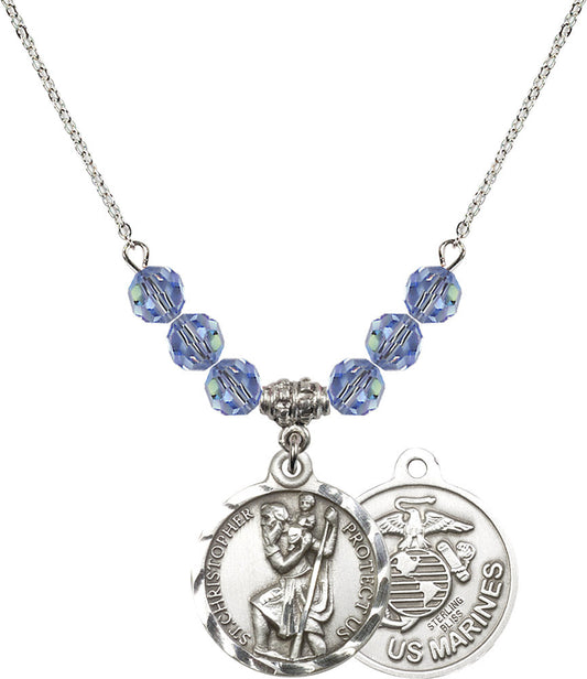 Sterling Silver Saint Christopher / Marines Birthstone Necklace with Light Sapphire Beads - 0192