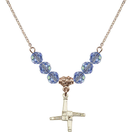 14kt Gold Filled Saint Brigid Cross Birthstone Necklace with Light Sapphire Beads - 0290