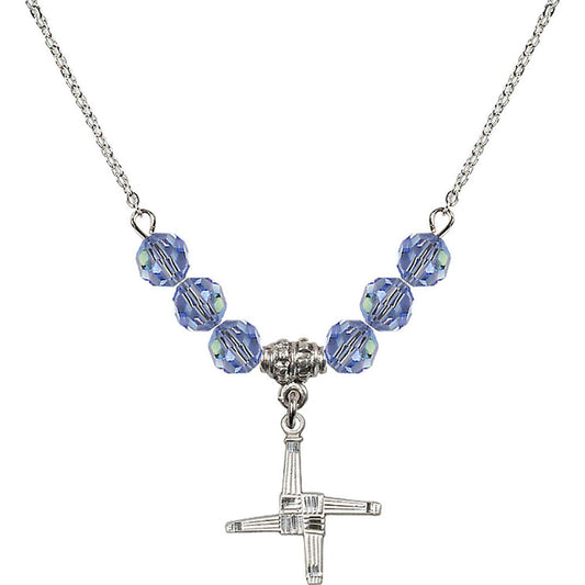 Sterling Silver Saint Brigid Cross Birthstone Necklace with Light Sapphire Beads - 0290