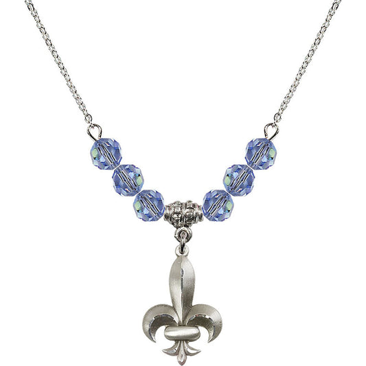 Sterling Silver Fleur de Lis Birthstone Necklace with Light Sapphire Beads - 0294