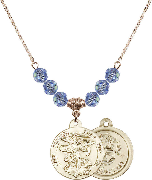14kt Gold Filled Saint Michael / Marines Birthstone Necklace with Light Sapphire Beads - 0342