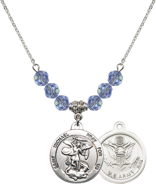 Sterling Silver Saint Michael / Army Birthstone Necklace with Light Sapphire Beads - 0342