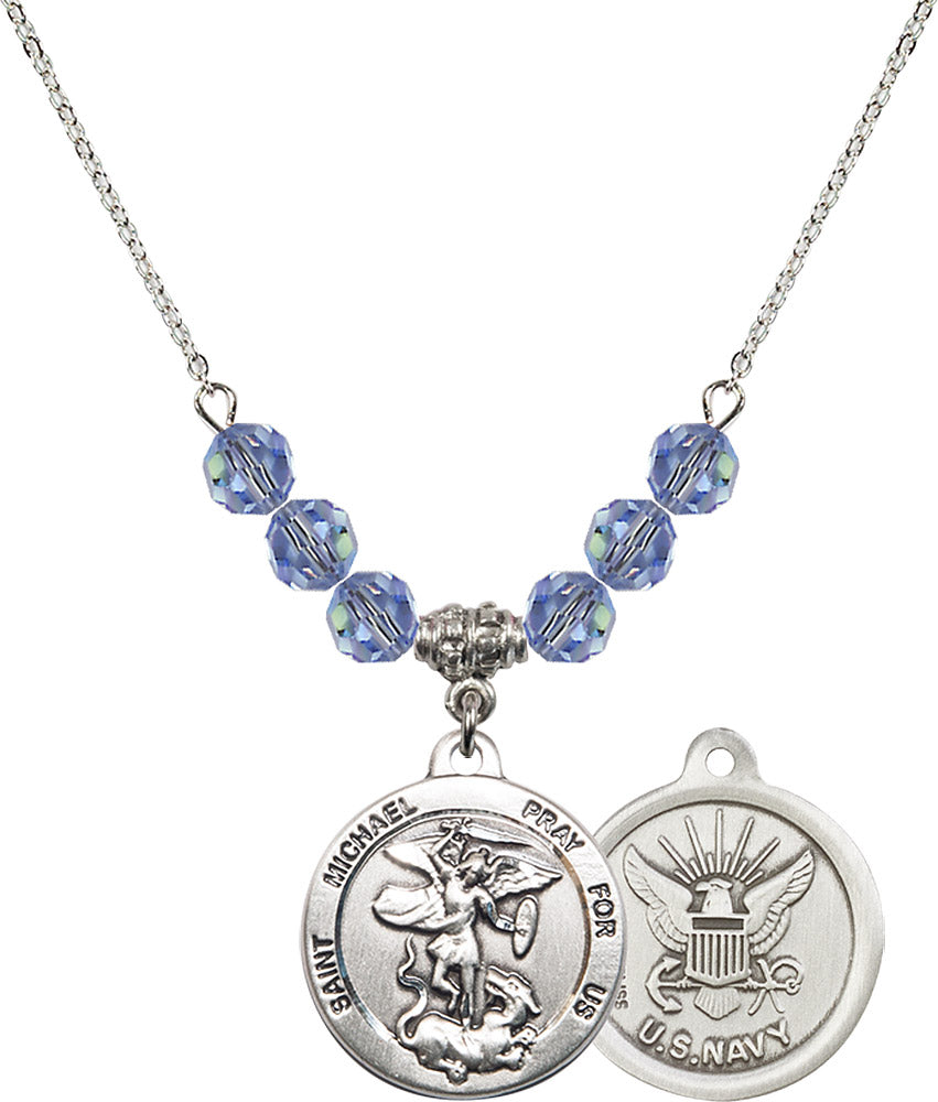 Sterling Silver Saint Michael / Navy Birthstone Necklace with Light Sapphire Beads - 0342
