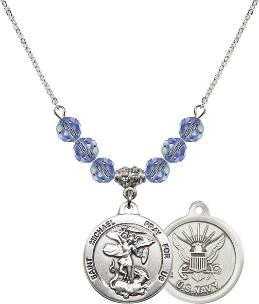 Sterling Silver Saint Michael / Navy Birthstone Necklace with Light Sapphire Beads - 0342