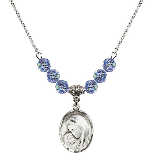 Sterling Silver Madonna & Child Birthstone Necklace with Light Sapphire Beads - 0447