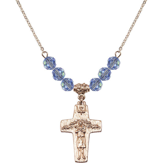 14kt Gold Filled Papal Crucifix Birthstone Necklace with Light Sapphire Beads - 0569