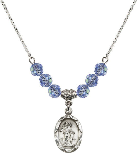 Sterling Silver Guardian Angel Birthstone Necklace with Light Sapphire Beads - 0612