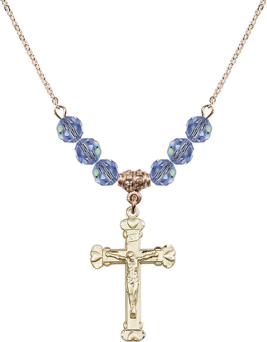 14kt Gold Filled Crucifix Birthstone Necklace with Light Sapphire Beads - 0620