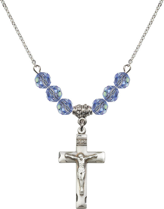 Sterling Silver Crucifix Birthstone Necklace with Light Sapphire Beads - 0624
