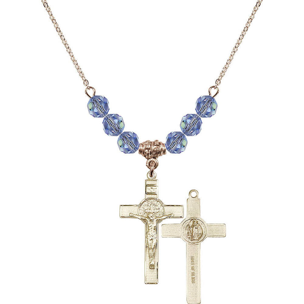 14kt Gold Filled Saint Benedict Crucifix Birthstone Necklace with Light Sapphire Beads - 0625