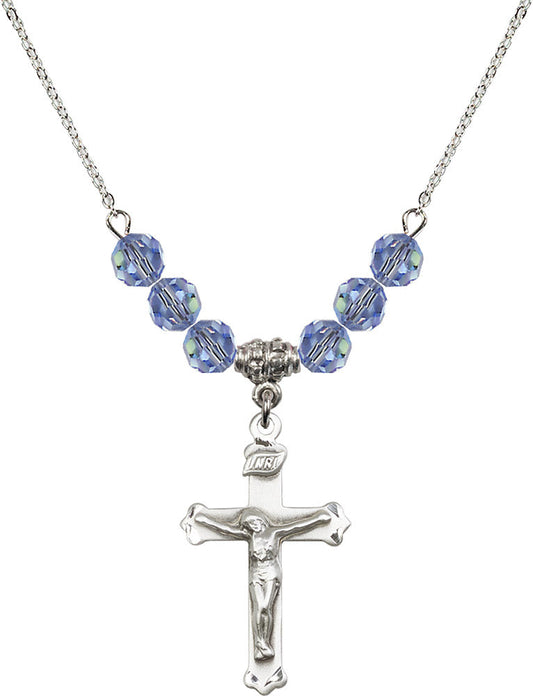 Sterling Silver Crucifix Birthstone Necklace with Light Sapphire Beads - 0651