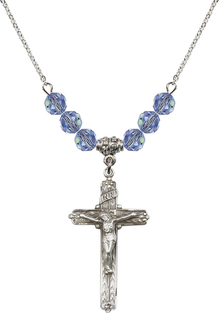 Sterling Silver Crucifix Birthstone Necklace with Light Sapphire Beads - 0655