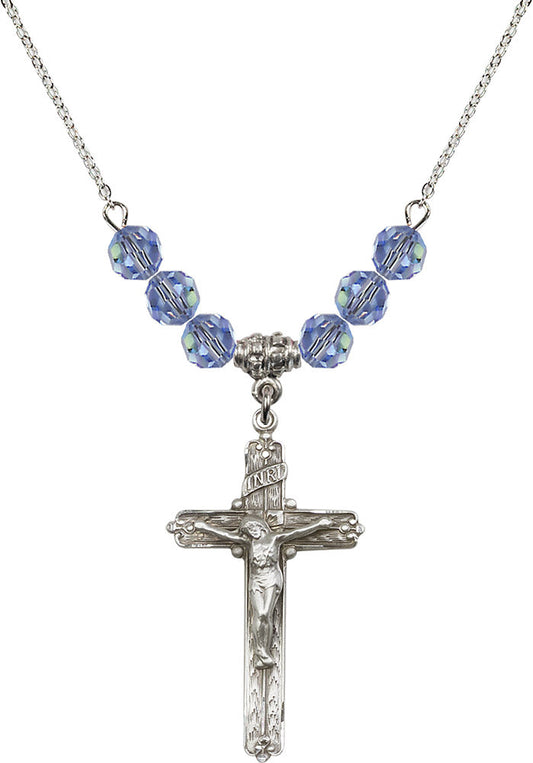 Sterling Silver Crucifix Birthstone Necklace with Light Sapphire Beads - 0655