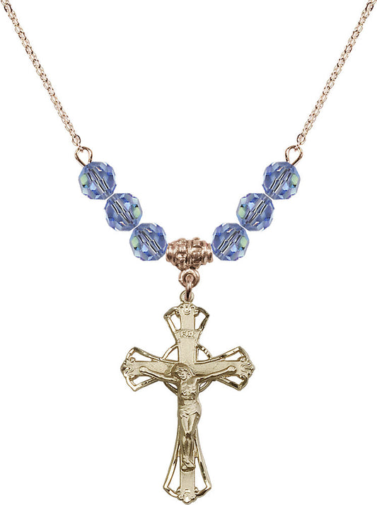 14kt Gold Filled Crucifix Birthstone Necklace with Light Sapphire Beads - 0659