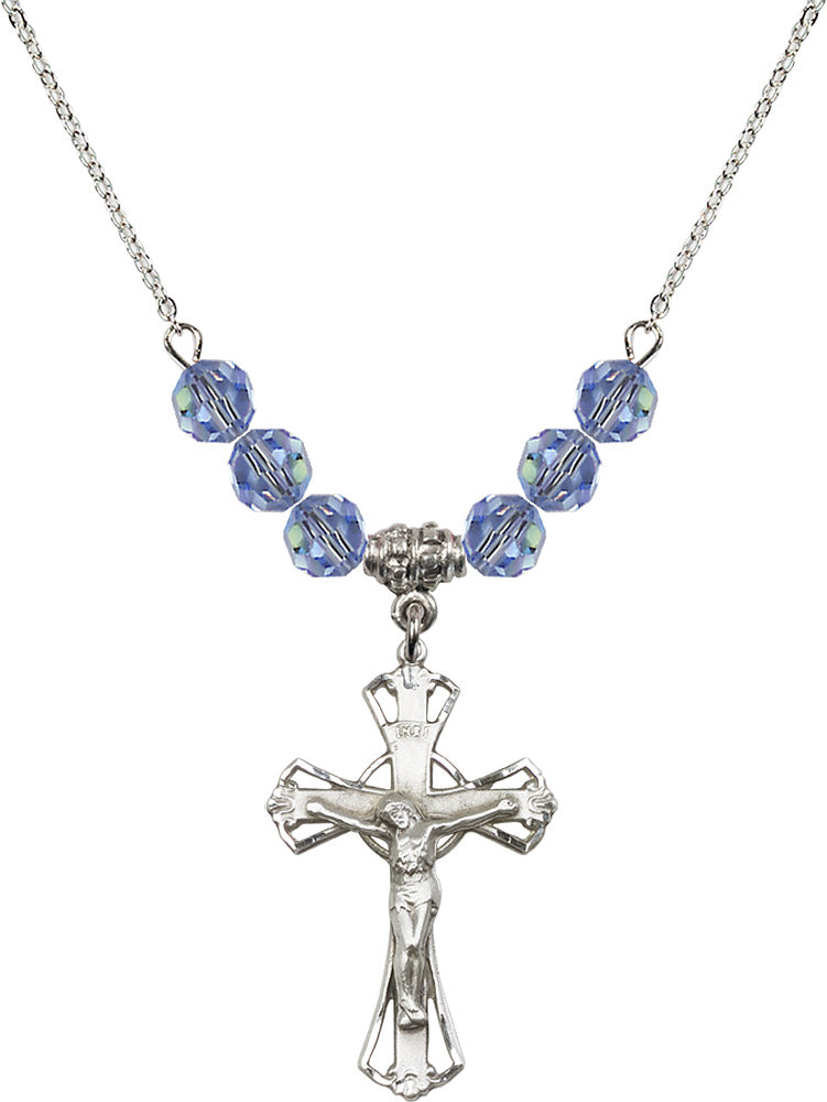 Sterling Silver Crucifix Birthstone Necklace with Light Sapphire Beads - 0659