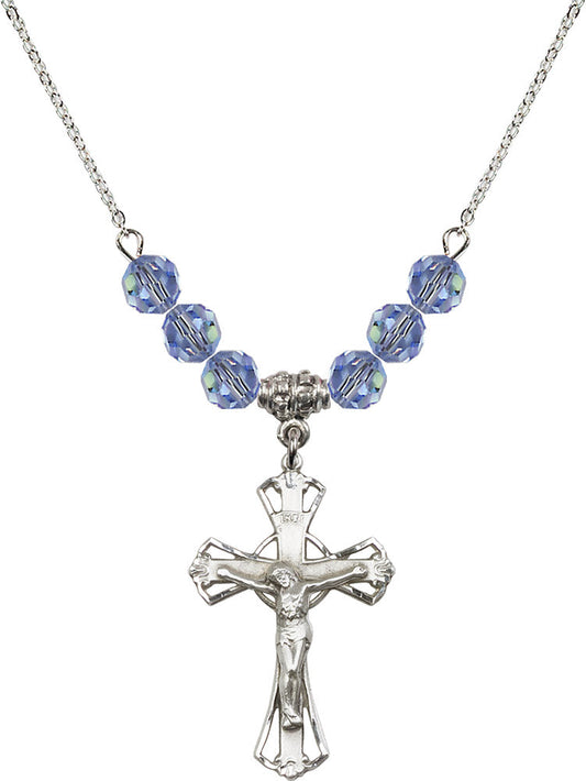 Sterling Silver Crucifix Birthstone Necklace with Light Sapphire Beads - 0659