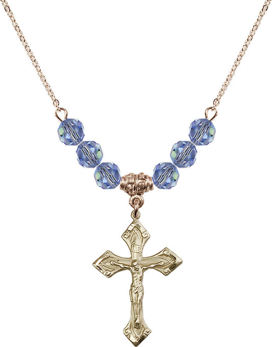 14kt Gold Filled Crucifix Birthstone Necklace with Light Sapphire Beads - 0663