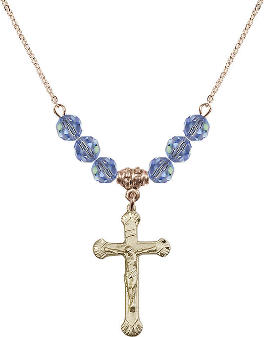 14kt Gold Filled Crucifix Birthstone Necklace with Light Sapphire Beads - 0664