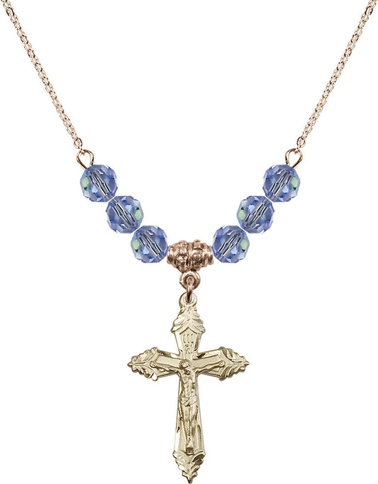 14kt Gold Filled Crucifix Birthstone Necklace with Light Sapphire Beads - 0665