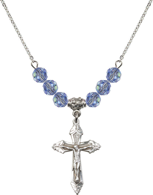 Sterling Silver Crucifix Birthstone Necklace with Light Sapphire Beads - 0665