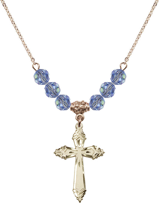 14kt Gold Filled Cross Birthstone Necklace with Light Sapphire Beads - 0665