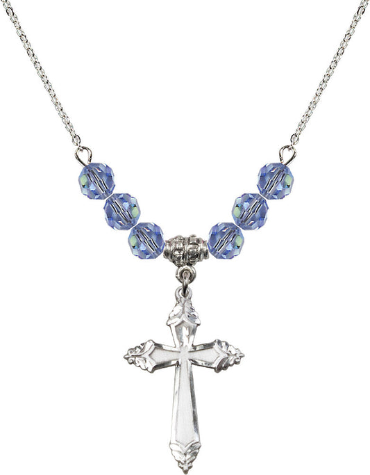 Sterling Silver Cross Birthstone Necklace with Light Sapphire Beads - 0665