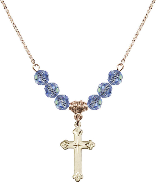 14kt Gold Filled Cross Birthstone Necklace with Light Sapphire Beads - 0667