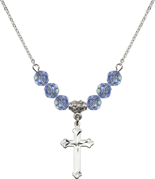 Sterling Silver Cross Birthstone Necklace with Light Sapphire Beads - 0667