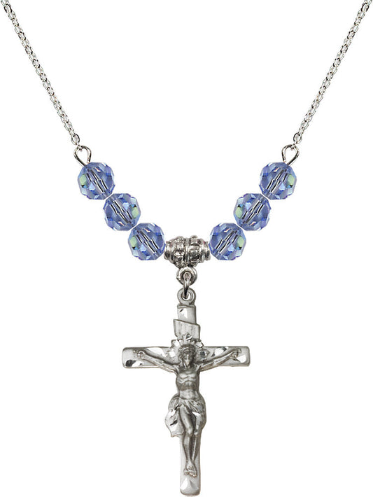 Sterling Silver Crucifix Birthstone Necklace with Light Sapphire Beads - 0668