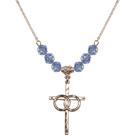 14kt Gold Filled Wedding Rings Cross Birthstone Necklace with Light Sapphire Beads - 0671