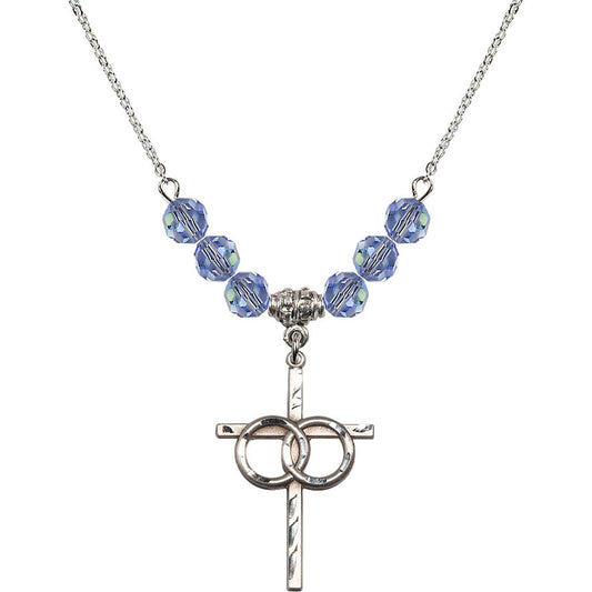 Sterling Silver Wedding Rings Cross Birthstone Necklace with Light Sapphire Beads - 0671