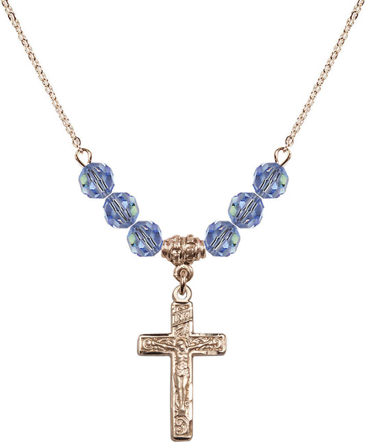 14kt Gold Filled Crucifix Birthstone Necklace with Light Sapphire Beads - 0673