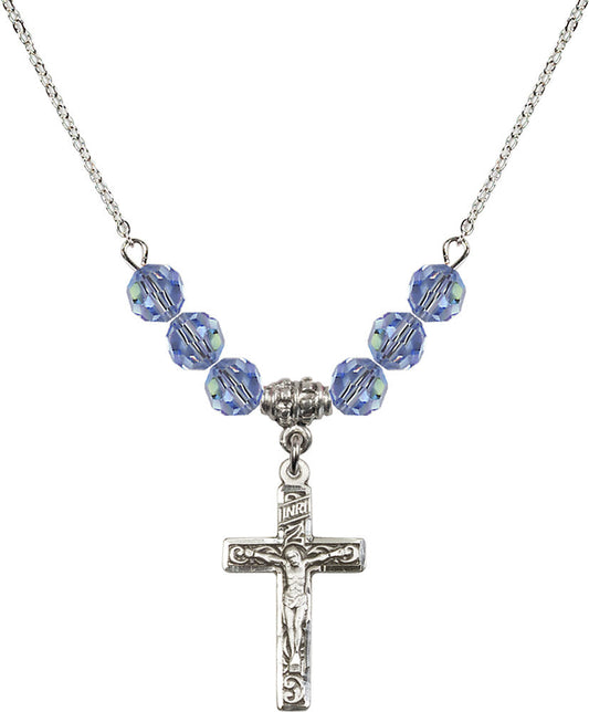 Sterling Silver Crucifix Birthstone Necklace with Light Sapphire Beads - 0673
