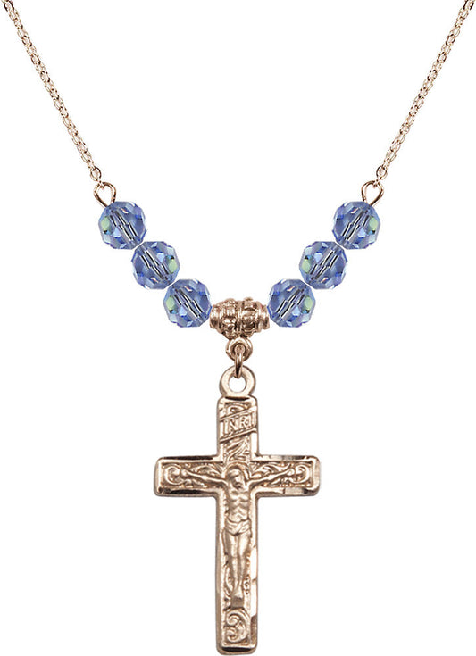 14kt Gold Filled Crucifix Birthstone Necklace with Light Sapphire Beads - 0674