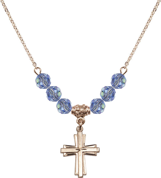14kt Gold Filled Cross Birthstone Necklace with Light Sapphire Beads - 0675