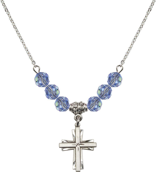 Sterling Silver Cross Birthstone Necklace with Light Sapphire Beads - 0675