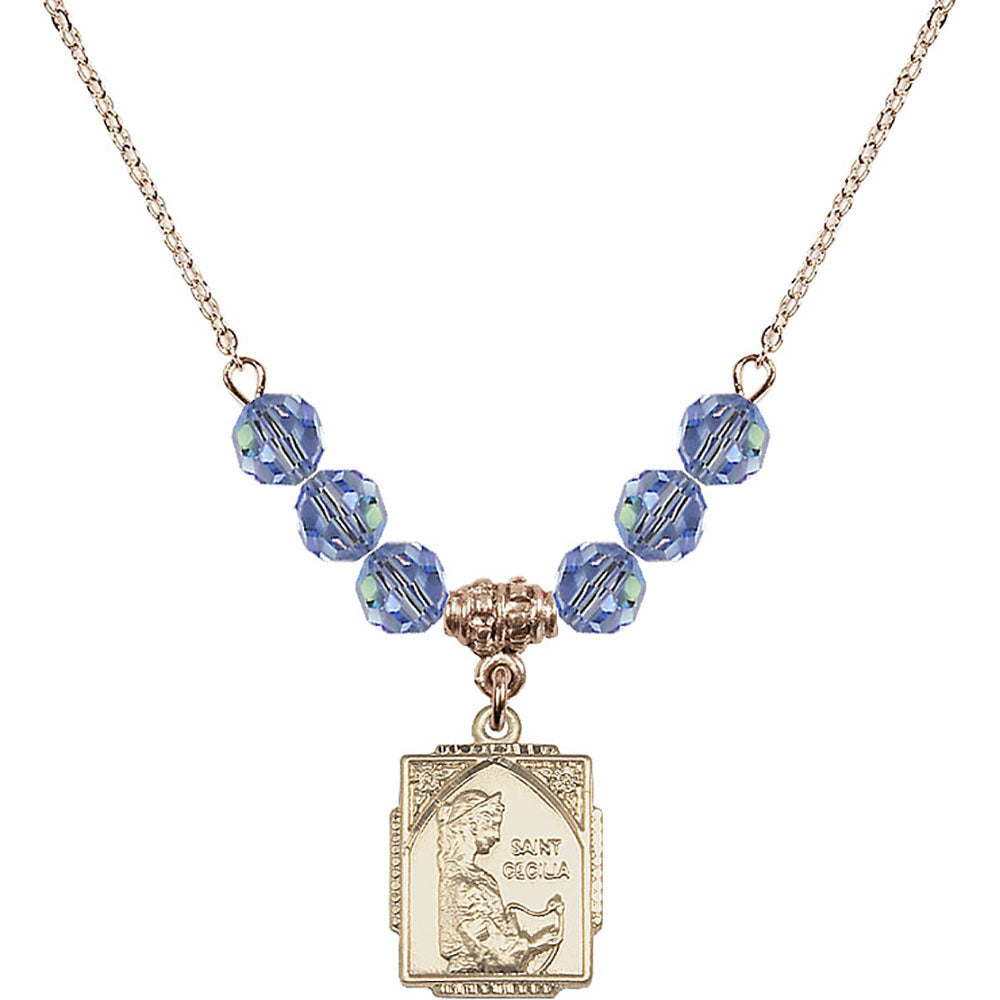 14kt Gold Filled Saint Cecilia Birthstone Necklace with Light Sapphire Beads - 0804