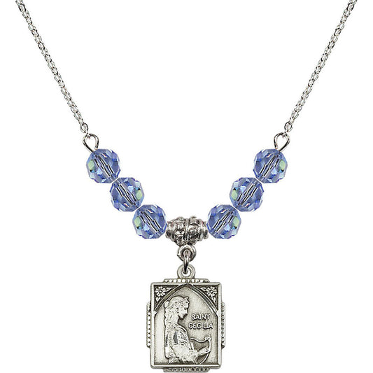 Sterling Silver Saint Cecilia Birthstone Necklace with Light Sapphire Beads - 0804