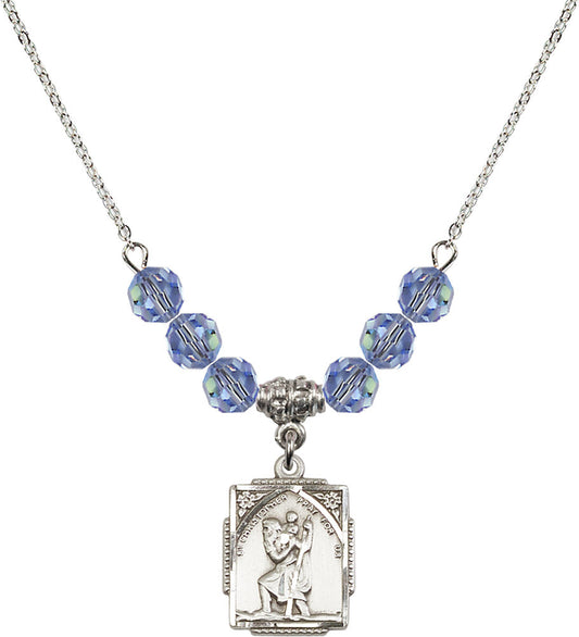 Sterling Silver Saint Christopher Birthstone Necklace with Light Sapphire Beads - 0804