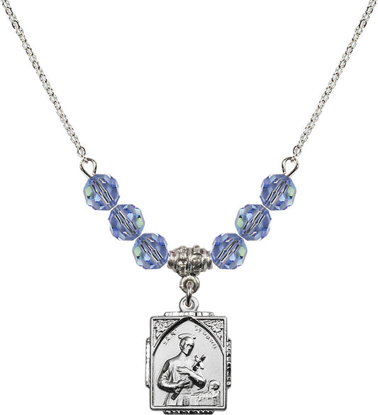 Sterling Silver Saint Gerard Birthstone Necklace with Light Sapphire Beads - 0804